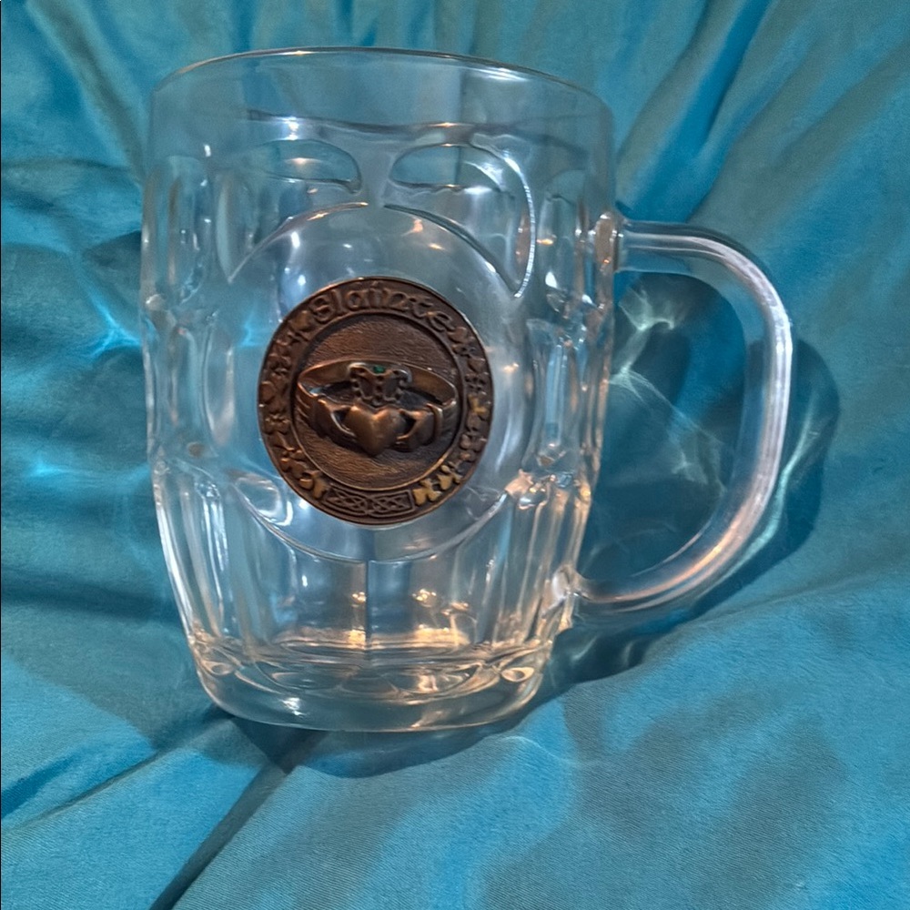 Clear Glass Mug with medallion with stone in tact